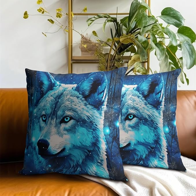 Abstract Galaxy Wolf Pillow Covers - Animal Pillow Cases 18x18 Wildlife Throw Pillows Covers Set of 2 Farmhouse Home Decor for Room Bed Outdoor