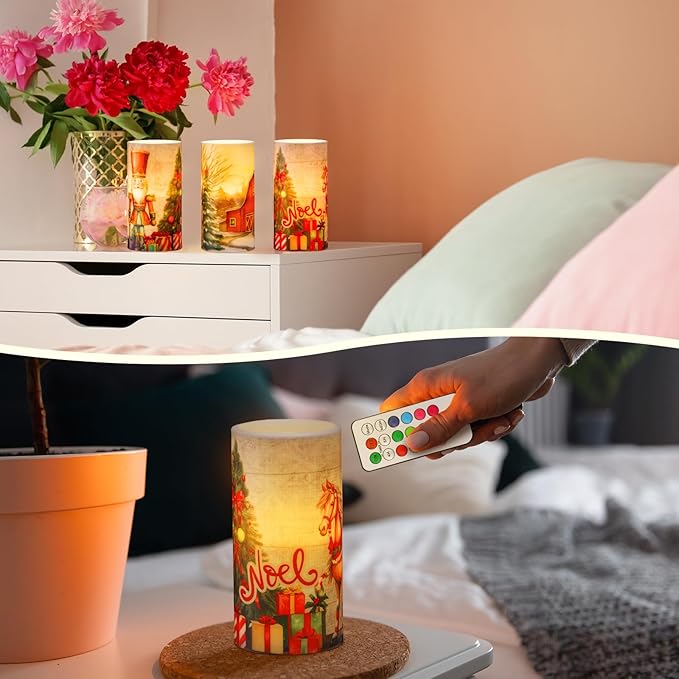 Retisee 3 Pcs Retro Rustic Christmas Flameless Candles with Remote Vintage Christmas Battery Operated LED Candle Retro Nostalgic Xmas Decor for Rustic Xmas Holiday Dining Table Bedroom Living Room