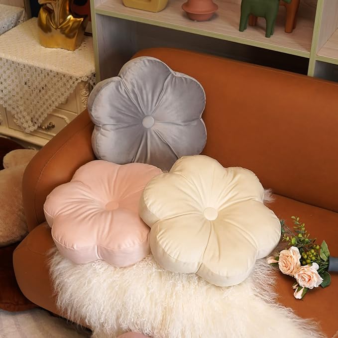 ARTMAGIC Flower Shaped Velvet Decorative Throw Pillow Cushion Ultra Soft Cute Floor Pillow for Couch Bed Sofa, White, 16x16 inch