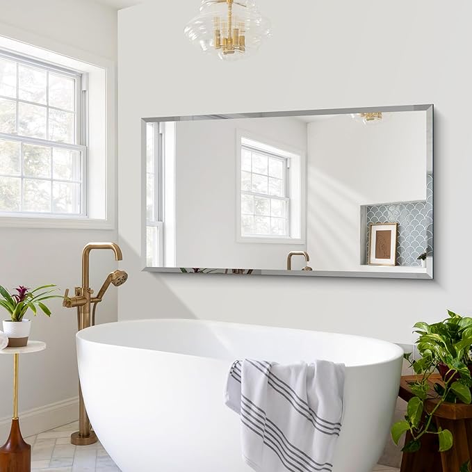 Large Beveled Mirror, 30x55 Frameless Beveled Bathroom Mirrors for Over Sink, Upgraded Shatterproof Beveled Frameless Vanity Mirror for Bathroom,Bedroom,Living Room and Entryway