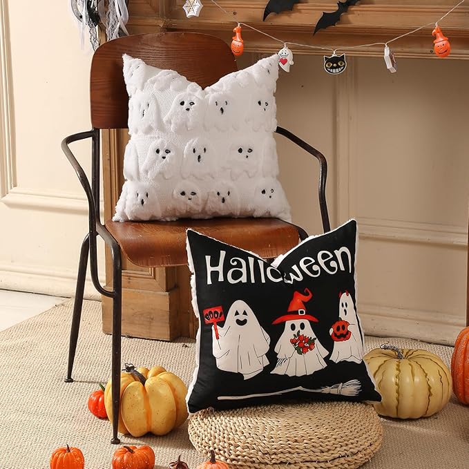 TOYPOPOR Halloween Decorations, 2 Packs Double Sided Ghost Pillow Covers, Soft Faux Fur Throw Pillow Cases, Indoor Outdoor Couch Cushion Case for Fall Autumn Bedroom Living Room Home Decor 16''x16''