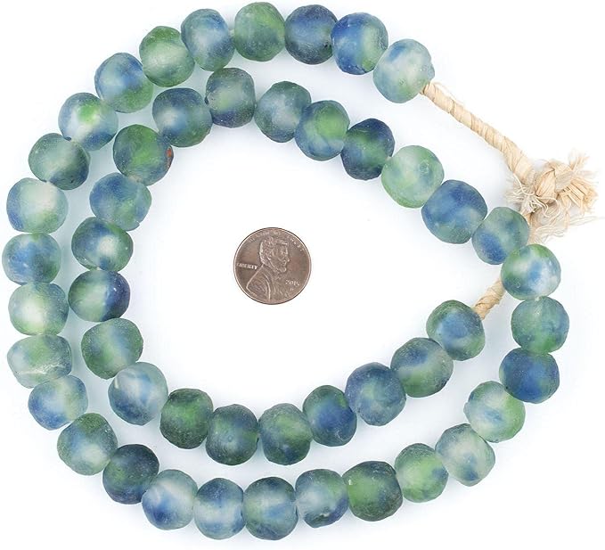 The Bead Chest Multicolor African Recycled Glass Beads 14mm – Blue, Green, White – Large Hole 25-Inch Strand, Handmade in Ghana for Jewelry Making & Crafts I Approximately 45 Beads