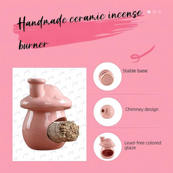Mushroom Incense Holder, Blue Ceramic Palo Santo Holder Burner & Sage Holder - Mini Tabletop Chiminea Burner Tray with Ash Catcher, Cute Mushroom Decorations for Spiritual Meditation & Yoga