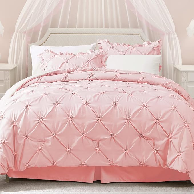 JOLLYVOGUE Pink/Ivory Cal King Size Comforter Sets 7 Pieces, Pintuck Bed in a Bag Comforter Set for Bedroom, Bedding Comforter Sets with Comforter, Sheets,Ruffled Shams & Pillowcases