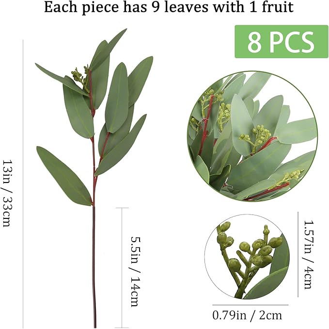 GREENTIME 8 Pack Faux Eucalyptus Stems with Seeds 13 Inches Artificial Seeded Leaves Branches Greenery Stems for Bridal Wedding Bouquet Vase Table Centerpiece Decor
