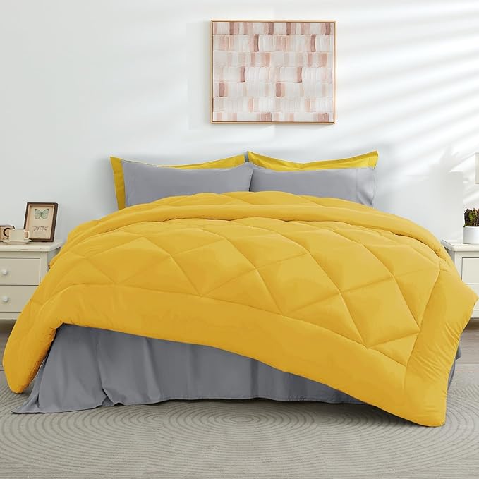 HEVUMYI Full Comforter Set - 7-Piece All Season Bed in a Bag Full, Ultra Soft Bedding Set with Comforter, Flat Sheet, Fitted Sheet, Pillowcases, Pillow Shams, Yellow & Light Grey