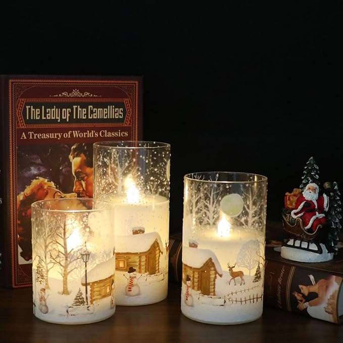 DRomance Snowman Glass Flameless Candles Battery Operated with Remote and Timer Real Wax LED Flickering Pillar Candles White Cold Light Window Christmas Holiday Decor D3 x 4",5",6"