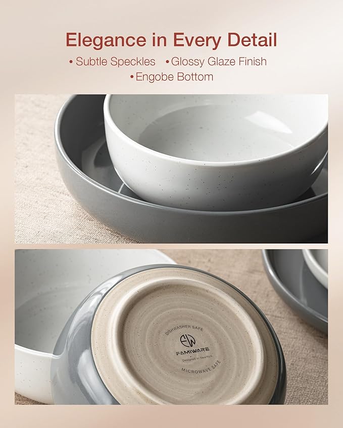Famiware Milkyway Plates and Bowls Sets, 12 Pieces Stoneware Dinnerware Sets, Dishes Set for 4, White & Dark Gray