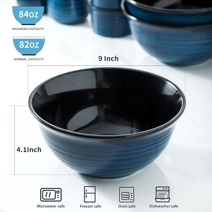MEKY Ceramic Mixing Bowls Set of 2, 84OZ Large Nesting Salad Bowls - Perfect for Cooking, Baking, Soup, Pasta, Fruit and Popcorn, Deep Bowls Ideal for Microwave and Dishwasher Safe, Blue