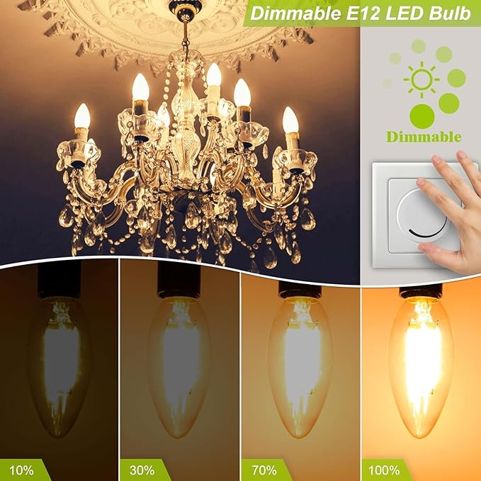 GOLSPARK E12 LED Bulb Dimmable, Candelabra LED Bulb 40W Equivalent, 3000K Warm White, B11 B10 Type B LED Light Bulbs 4W, 400LM, CRI 85+, Clear Filament Candle Light Bulbs Small Base, 6 Pack