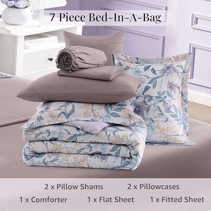 CASAAGUSTO Full Comforter Set, 7 PCS Purple Iris Floral Comforter Set with Flowers Leaves Pattern, Soft Seersucker Design All Season Full Size Bedding Set(80"X90")