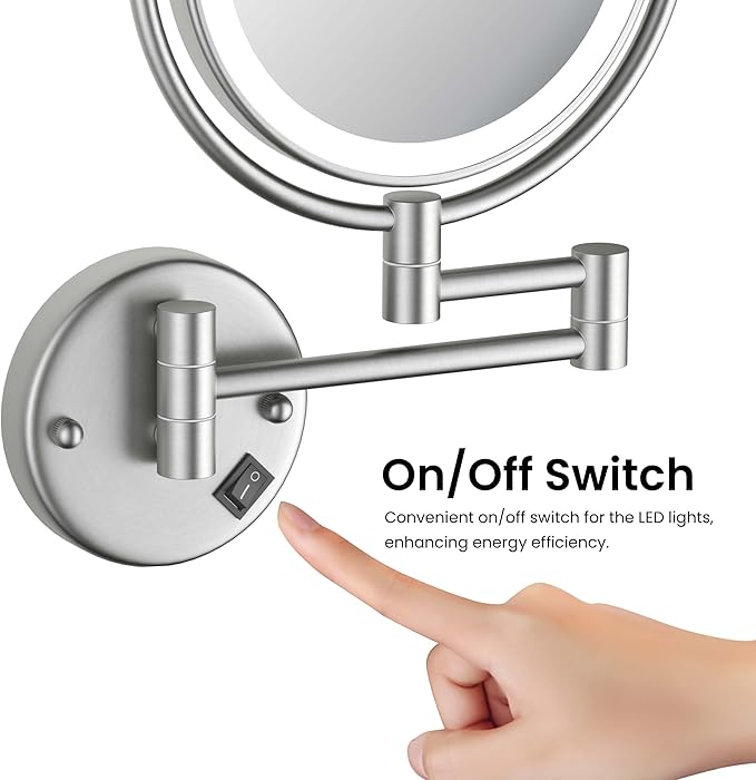 KIBI Circular Wall Mount Makeup Mirror with LED Lights, Dual-Sided 1x/5x Magnifying Mirror with Adjustable Arm, 360° Swivel, Solid Brass Construction for Durability and Style (Brushed Nickel, KMM101)