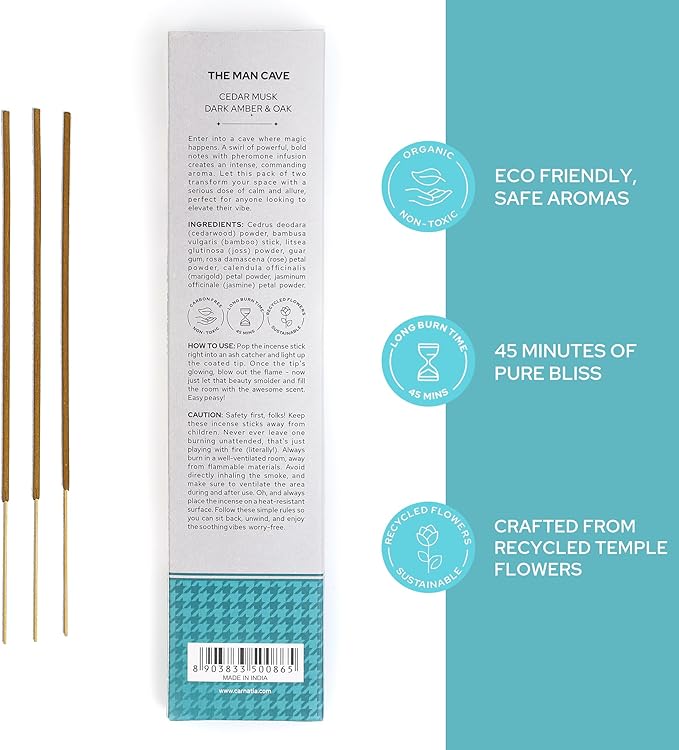 Carnatia Man Cave Incense Set – 2 Intense, Pheromone-Infused Scents | Rugged, Long-Lasting Aromas for Power, Focus & Elevated Vibe!