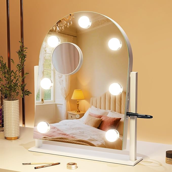 S'bagno Arched Vanity Mirror with Lights, 7 Dimmable LED Bulbs Hollywood Mirror, 3 Color Modes & Memory Function Makeup Mirror with Lights, Detachable 10X Magnification, Touch Control,USB-A(15''x12'')