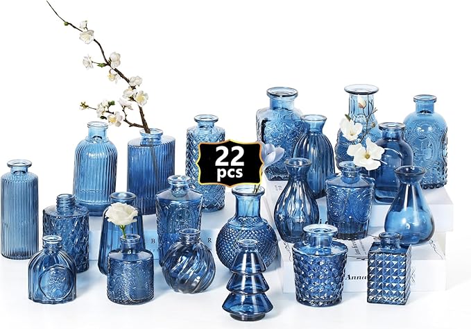 Mini Bud Vases Centerpieces for Tables,Clear Bud Vases for Flowers,Small Flower Vases Suitable for Birthday Party,Anniversary,Wedding Reception,Baby Shower (Blue, 22PCS)