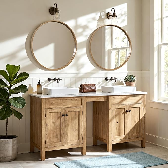 HOMECOOKIN Round Wood Mirror 28 inch Circle Wall Mirror for Bathroom, Vanity, Entryway, Living Room Decor, Natural Boho Accent
