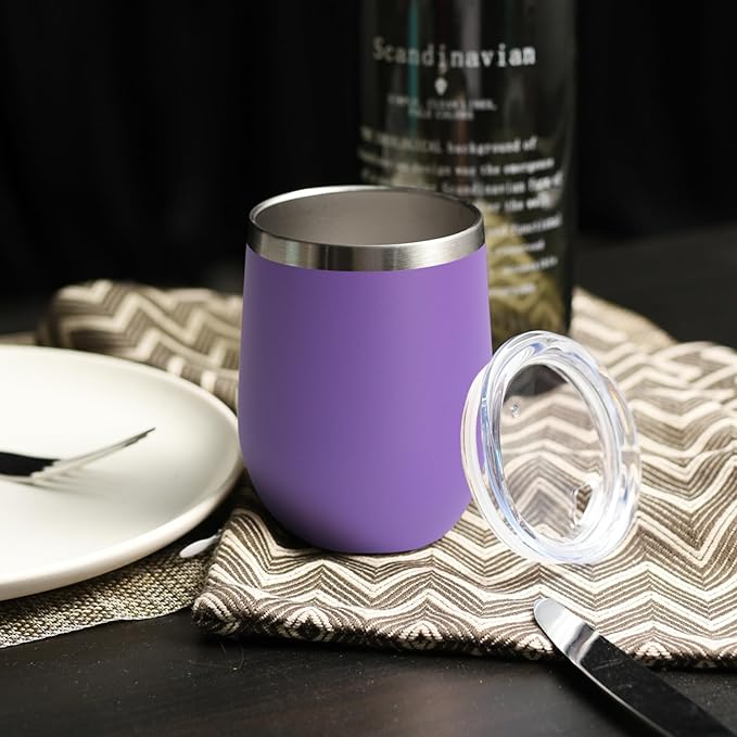DOMICARE Stainless Steel Wine Tumbler Bulk with Lid, Personalized Insulated Tumblers Set, 12oz Travel Coffee Cups Pack of 1, Purple