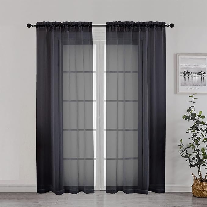 Chyhomenyc Black Sheer Curtain 72 Inches Length 2 Panels, Voile Top Dual Rod Pockets Light Filtering Airy Window Treatment Drapes for Living Room/Bedroom, Each 42Wx72L
