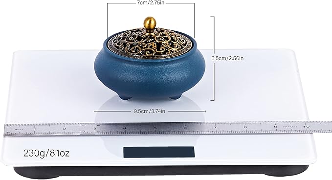 Ceramic Incense Burner Gift Set with Carved Metal Lid, Incense Holder, and Fireproof Cotton – for Stick, Cone, Coil, Sage & Frankincense – Elegant Home & Meditation Decor – Gift Boxed by SIKZU.(Blue)