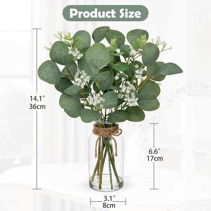 Artificial Eucalyptus Stems with Baby Breath Flowers in Glass Vase with Faux Water, 14" Fake Plant Eucalyptus Leaves for Home Farmhouse Wedding Centerpiece Bathroom Décor