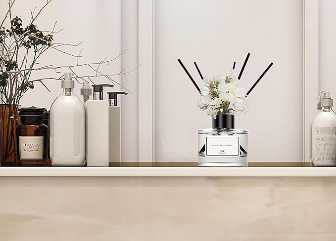 WEALD TRIBE Real Flower Reed Diffuser Set of 3 for Bathroom Air Fresheners, Oil Defusers | Fresh Linen/Ocean/Eucalyptus & Mint Scent(1.7 fl oz Each Pack) Home Fragrance with 12 Stick | Shelf Decor