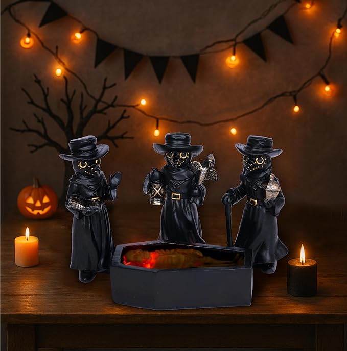 4Pcs Halloween Plague Doctor Figurine with Light-Up Skeleton in Coffin – Mini Gothic Resin Halloween Decorations for Tabletop, Mantel, Indoor Display Gifts for Indoor Home Decor