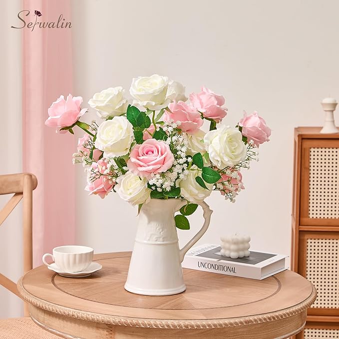 Serwalin 20pcs Artificial Pink & White Roses, 4'' Big Flower Head, Fake Velvet Roses, Silk Roses Long Stems Realistic Bouquet for Wedding Parties Table Centerpiece and Home Decor