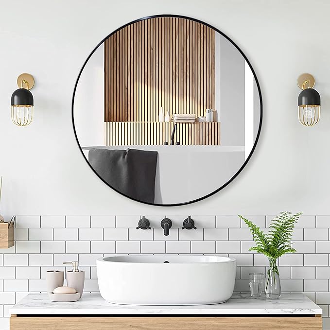 24 inch Round Black Mirror,Brushed Metal Framed Wall Mirror for Bathroom Vanity, Bedroom Decor, Living Room, Entryway