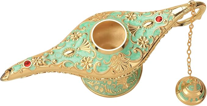 K COOL Classic Aladding Magic Genie Lamp Legend Wishing Light Costume Lamp Metal Carved Cone Incense Burner for Home Tabletop Decoration Party Birthday Halloween Christmas(Light Jade Green)