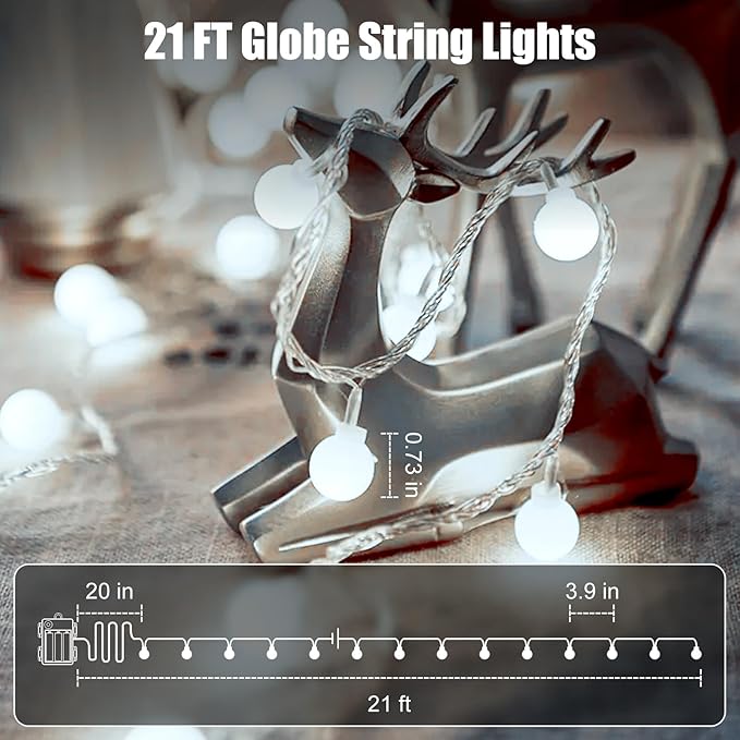 2 Pack Globe String Lights Battery Operated - 21 Feet 60 Led Fairy Lights, 8 Modes with Remote Mini Globe Lights for Indoor Outdoor Bedroom Party Wedding Garden Christmas Tree Decor, Pure White
