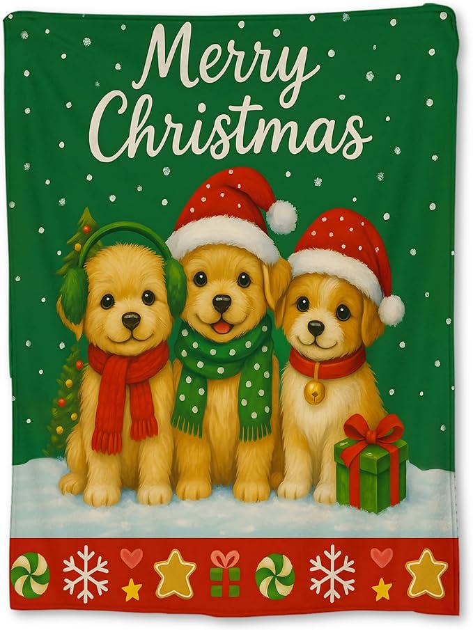 Christmas Puppy Blanket, Soft Lightweight Flannel Cute Dogs in Santa Hats & Scarves Throw Blanket for Couch, Bed, Travel & Decor Gifts, Cozy Warm Fuzzy Holiday Blankets for Adults Women Kids 50×40 in