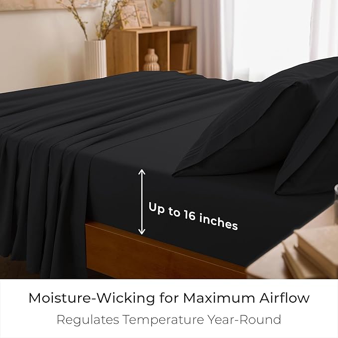 Mellanni King Sheets Set - 4 PC Iconic Collection Bedding - Hotel Luxury, Extra Soft, Cooling Bed Sheets - Wrinkle, Fade, Stain Resistant (King, Black)