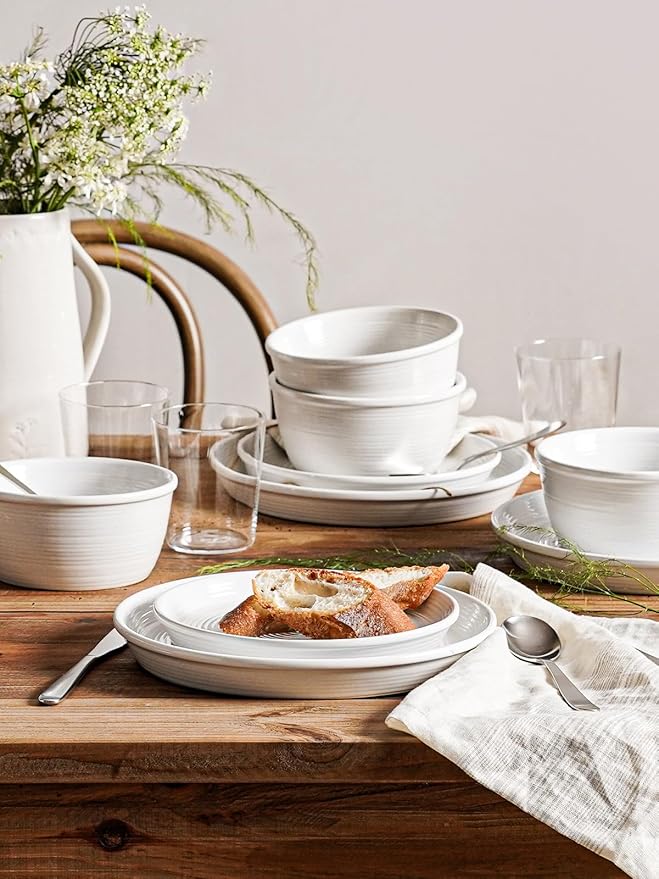 LE TAUCI 18-Piece Ceramic Dinnerware Set, Service for 6 – White Farmhouse Deeper Plates & Bowls (10" Dinner, 8" Salad, 6" Bowls), Stackable, Chip Resistant Stoneware Dishes