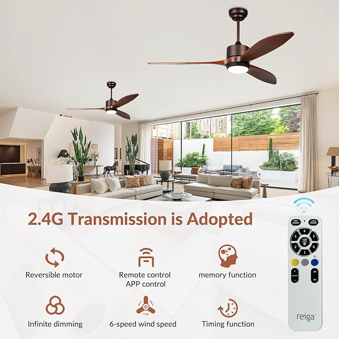 reiga 52 Inch Smart Wood Ceiling Fan with Light and Remote Control, Quiet DC Motor 3 Blades Propeller Ceiling Fans for Patio, Living Room, Farmhouse