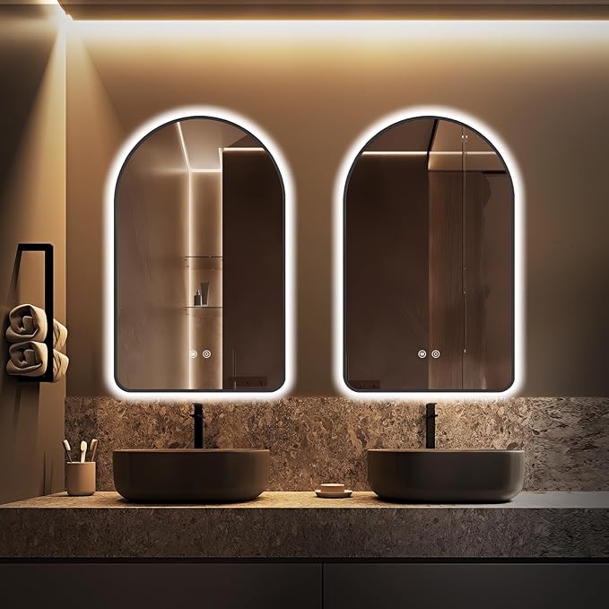 36"x24" Arched LED Bathroom Mirror, Wall Mounted Backlit Mirror with Lights Fog Free Lighted Framed Mirror Smart Anti-Fog 3 Color Temperatures Adjustable Brightness Black