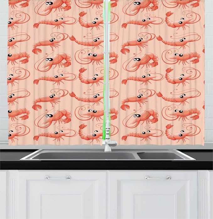 Lunarable Shrimp Kitchen Curtains, Monochrome Style Design Repetitive Shrimps Marine Nautical Pattern, Window Drapes 2 Panel Set for Kitchen Cafe Decor, 55" X 39", Pale Peach Burnt Sienna