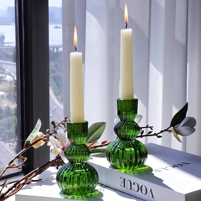 Woho Green Taper Candle Holders Set of 3 for Christmas Decorations, 4.3" H Ribbed Glass Candlestick Holders for Spring Wedding Table, Vintage Candle Sticks Holder Decor Home Decor