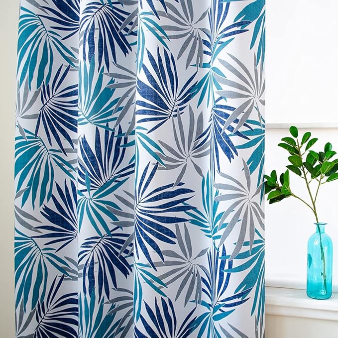 Linentalks Blue Leaf Curtains for Bedroom, Blue Gray Patterned Blackout Curtains 96 Inch Length 2 Panels Set, Light Blocking Room Darkening Curtains Grommet Thermal Insulating Navy Black Out Drapes