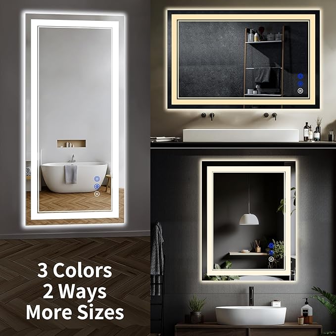 36"x32" LED Bathroom Mirror with Anti-Fog, Stepless Dimmable Lights, 3 Color Modes, Shatter-Proof Tempered Glass, Memory Function & Waterproof Design