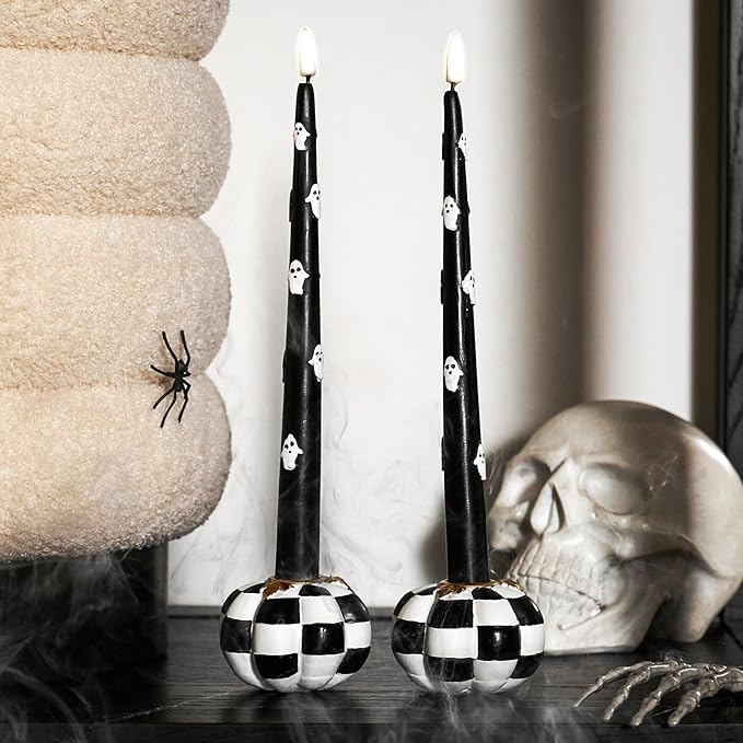 WDS WONDROUS Pumpkin Candle Holders Set of 2 Black & White, Fall & Halloween Thanksgiving Decor, Pumpkins Candlestick Holders for Centerpiece, Checkered Pumpkin Decor, Taper Candle Holders for Table