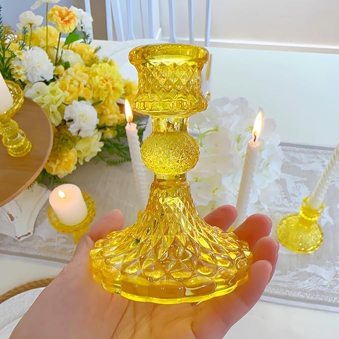 Glass Candlestick Holder,Striped Taper Candle Holders,Set of 6 Candle Stand for Table Centerpieces, Home Decor,Weddings,Festival and Parties (Yellow Dimond)