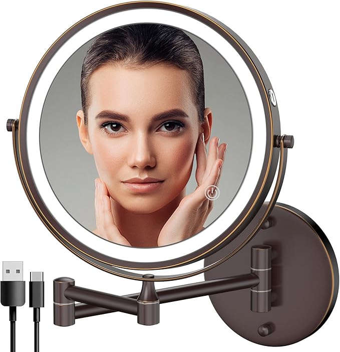 Rocollos Rechargeable Wall Mounted Lighted Makeup Mirror, 8 Inch Double-Sided LED Vanity Mirror 1X/10X Magnification,3 Color Lights Touch Screen Dimmable 360°Swivel 13 Inch Extendable