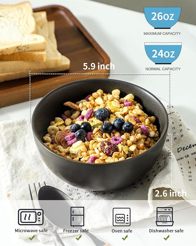 Stoneware Soup Bowls, 24 oz Cereal Bowls Set of 6 for Kitchen, Ceramic Bowls Set for Oatmeal, Dessert, Noodle, Cute Bowls Set for Gift, Dishwasher Microwave Oven Safe, Matte Black