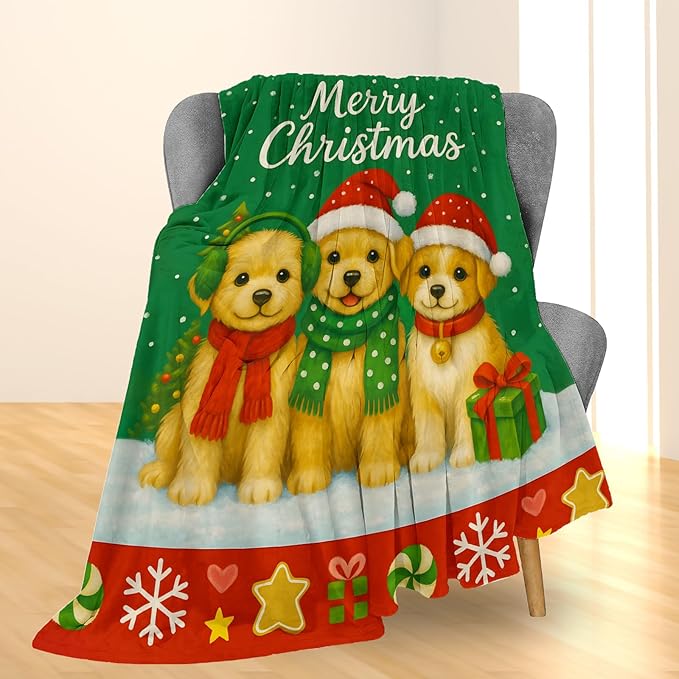 Christmas Puppy Blanket, Soft Lightweight Flannel Cute Dogs in Santa Hats & Scarves Throw Blanket for Couch, Bed, Travel & Decor Gifts, Cozy Warm Fuzzy Holiday Blankets for Adults Women Kids 50×40 in