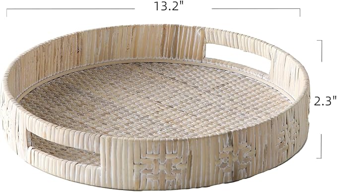 Round Rattan Tray, Wicker Decorative Tray for Coffee Table Decor, Large Wicker Serving Trays with Handles for Iving Room, Home and Kitchen Decor 13.2 inch, White