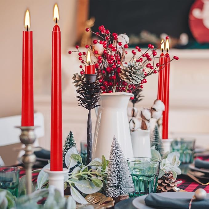 24 Pack Red Taper Candles, 7-8 Hours Burn Time, Unscented, Smokeless and Dripless, 0.75 x 10 Inch Dinner Candle Set for Christmas,Household, Wedding, Party and Home Décor Candlesticks