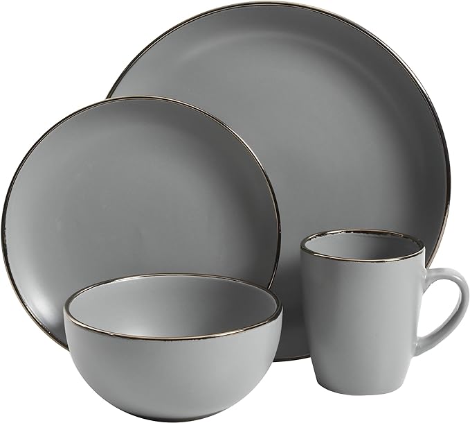 Gibson Home Rockaway Round Dinnerware, Service for 4 (16pcs), Grey/Gold Rim