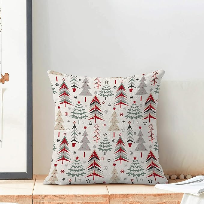 Christmas Pillow Covers 16 x 16 Inch, Colorful Red Green Grey Christmas Tree Decor Throw Pillows for Home Couch Bed, Winter Xmas Snowflake Decorative Pillowcase Linen Cushion Cover Set of 2