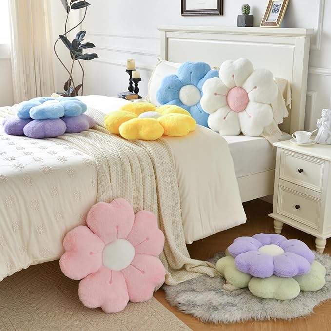 Flower Pillow, Flower Shaped Pillow Decorative Throw Pillows for Bed Couch, Cute Daisy Pillow Dorm Decor Floor Seating Cushion (Blue, 15 Inches)