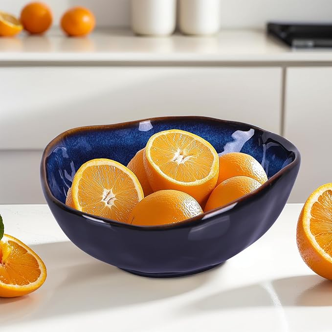 8" Blue Ceramic Decorative Bowl, Ceramic Fruit Bowl, Key Bowl for Entryway Table, Candy Dishes, Fruit Bowl for Kitchen Counter, Blue Small Jewelry Trinket Dish for Bedroom, Bedside Table, Living Room
